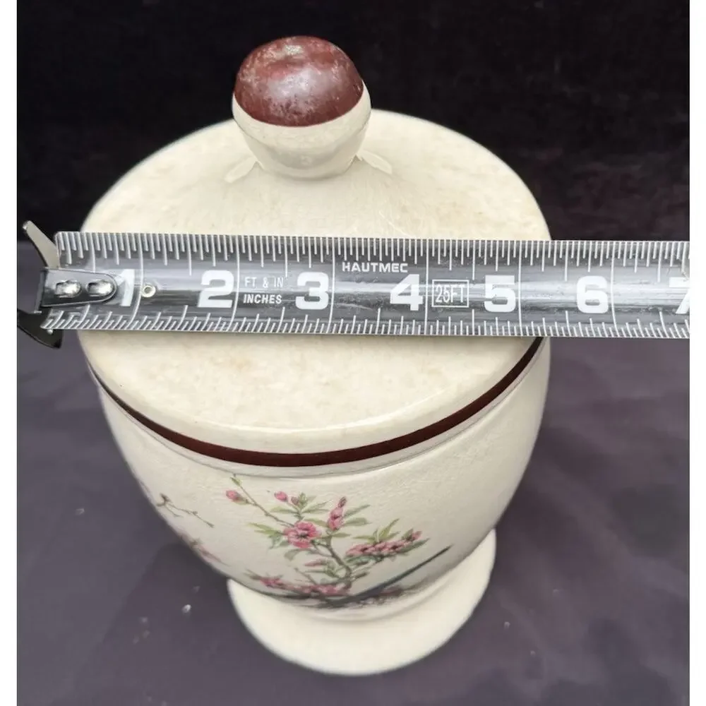 Antique Porcelain Jar & Lid With Bird & Cherry Blossom Tree Marked USA